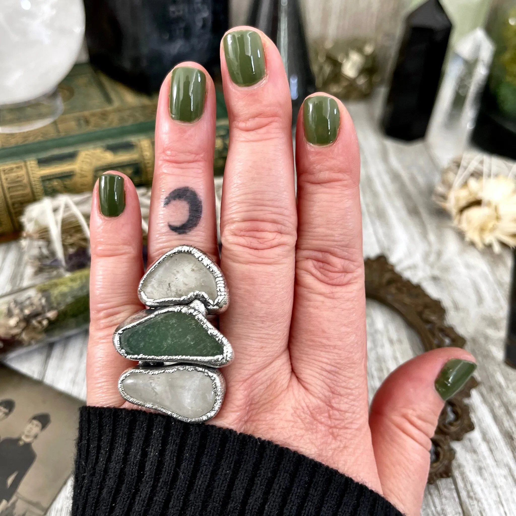 Size 7 Crystal Ring - Three Stone Clear Quartz Green Aventurine Ring in Silver / Foxlark Collection - One of a Kind