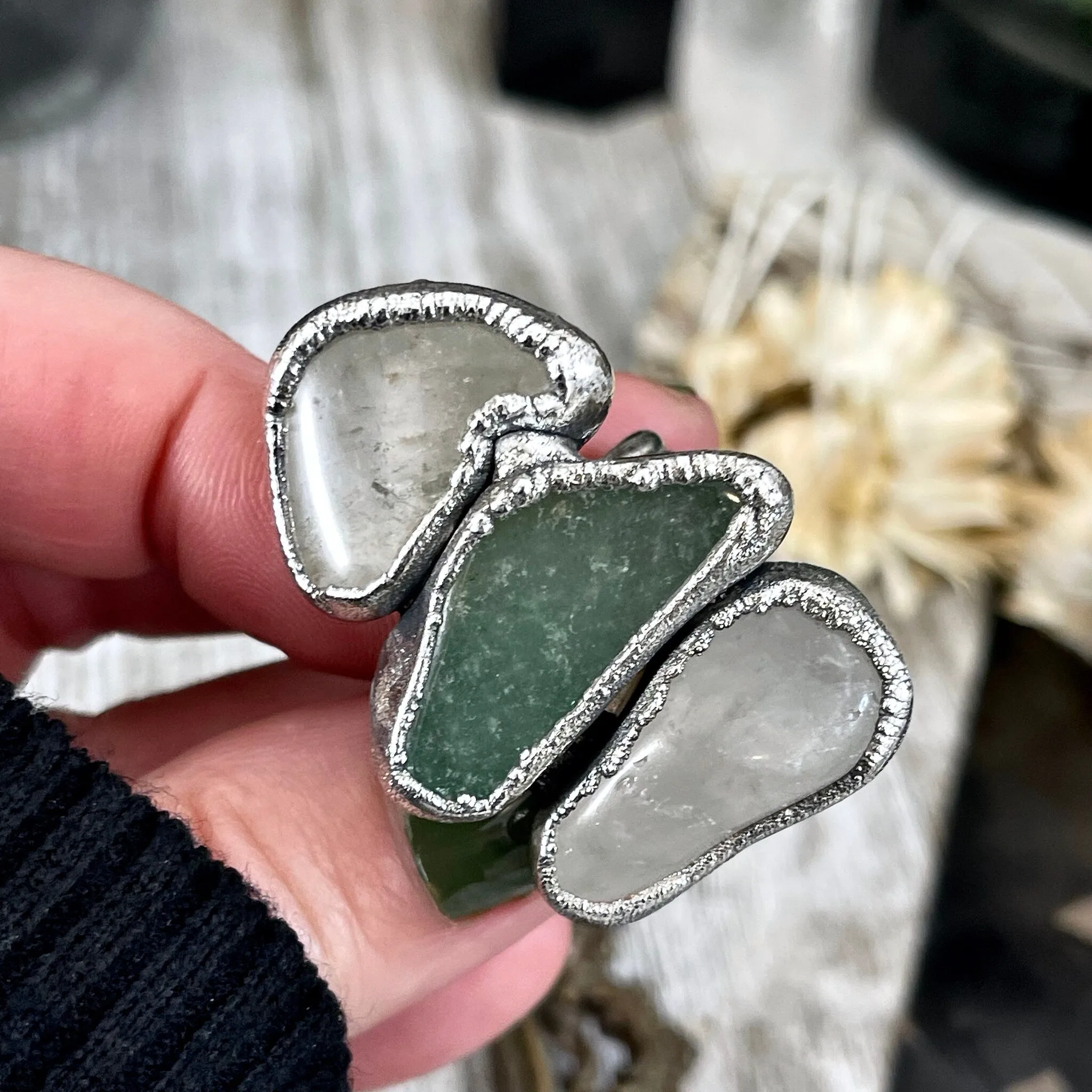 Size 7 Crystal Ring - Three Stone Clear Quartz Green Aventurine Ring in Silver / Foxlark Collection - One of a Kind