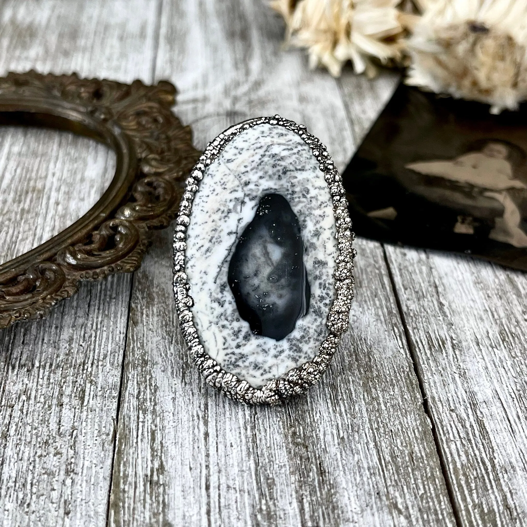 Size 7 Dendritic Agate Large Crystal Ring in Fine Silver /  Foxlark Collection - One of a Kind