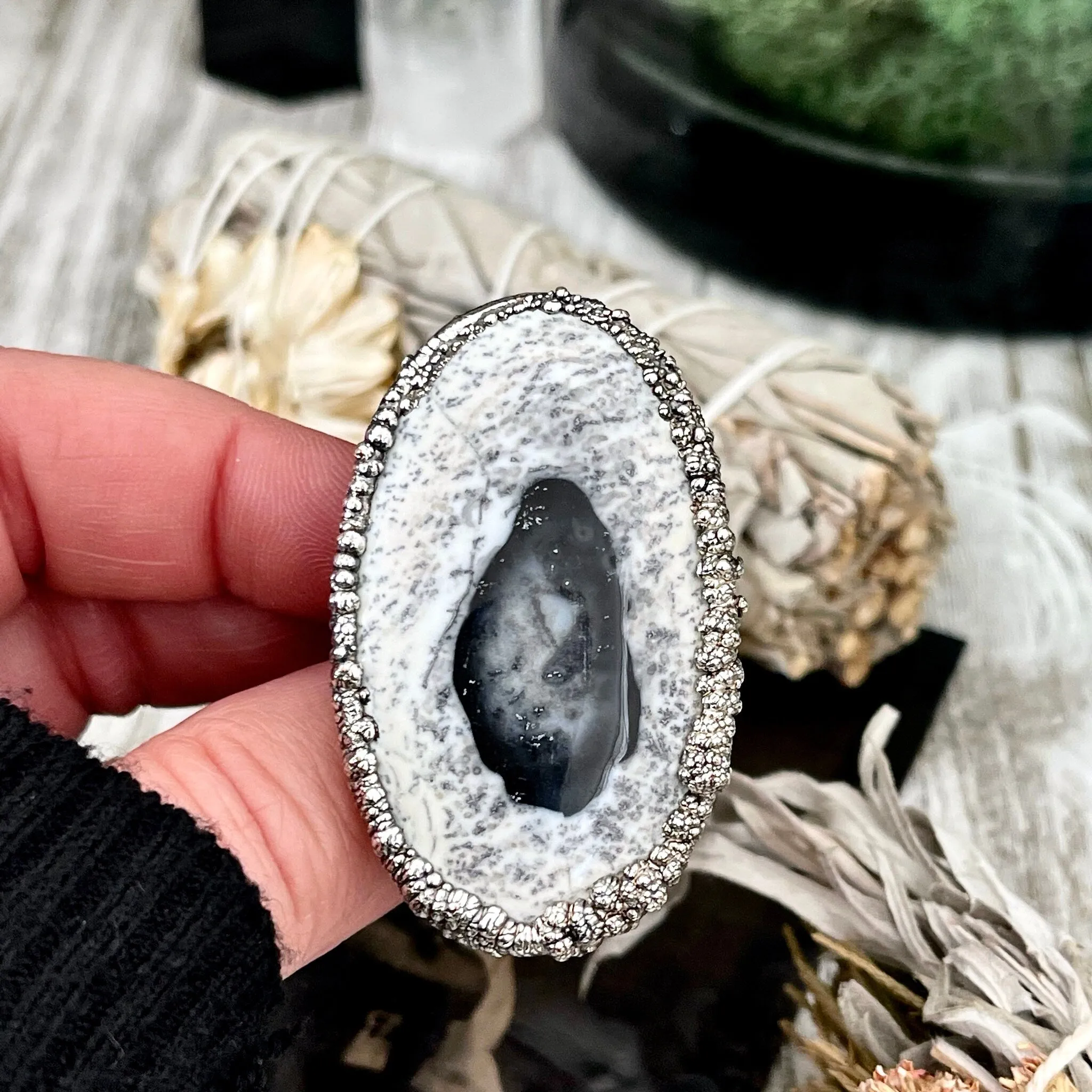 Size 7 Dendritic Agate Large Crystal Ring in Fine Silver /  Foxlark Collection - One of a Kind