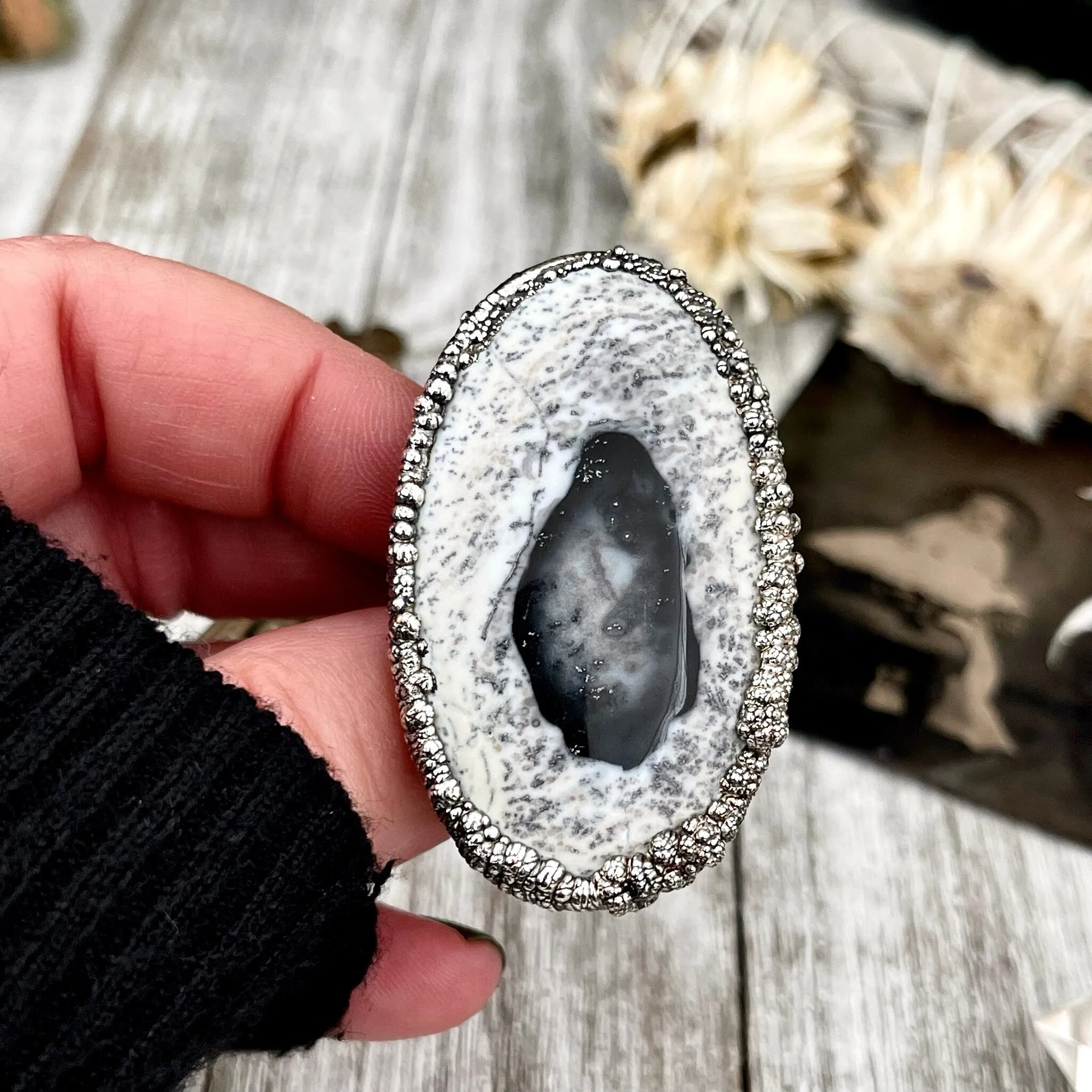 Size 7 Dendritic Agate Large Crystal Ring in Fine Silver /  Foxlark Collection - One of a Kind