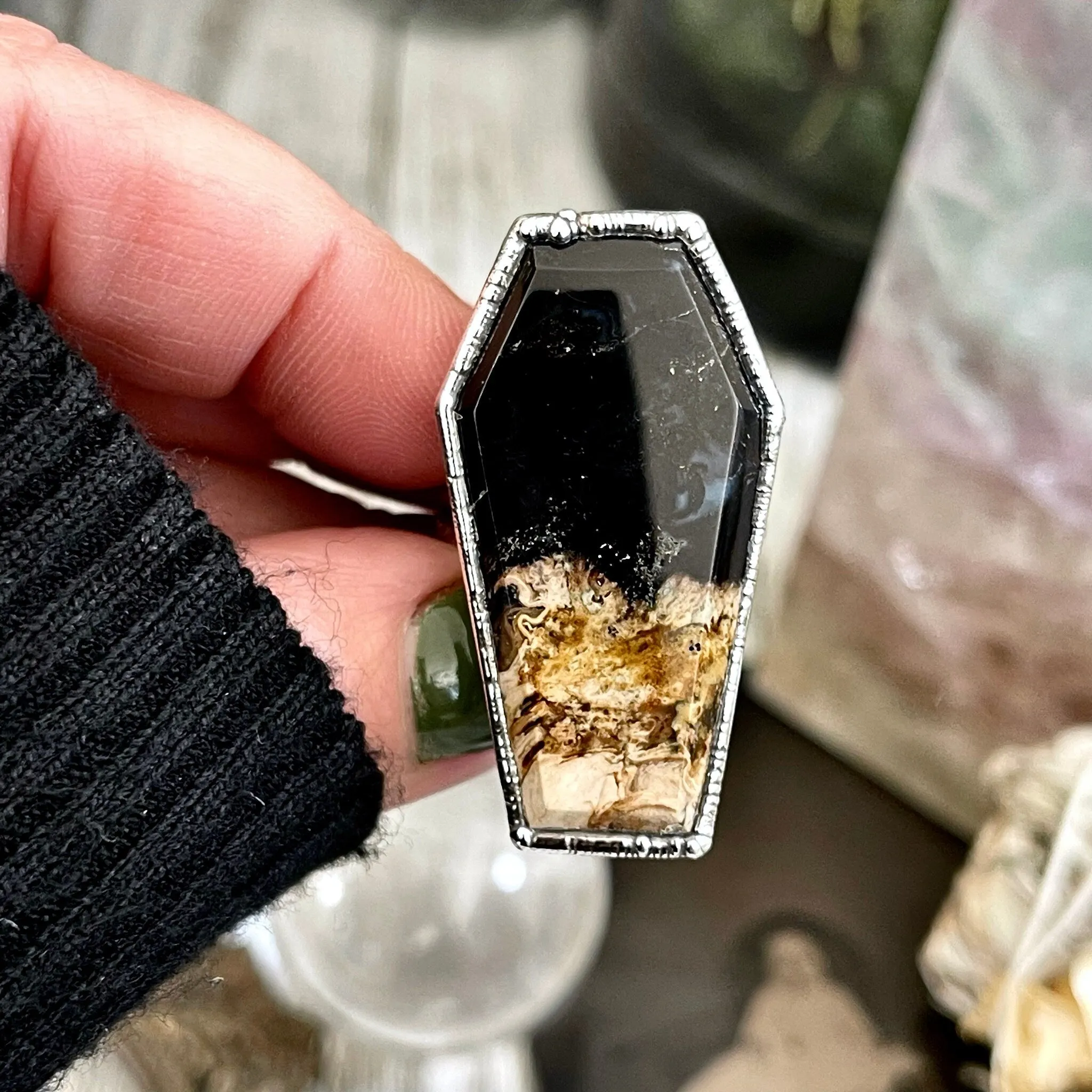 Size 7.5  Fossilized Palm Root Coffin Statement Ring in Fine Silver / Foxlark Collection - One of a Kind