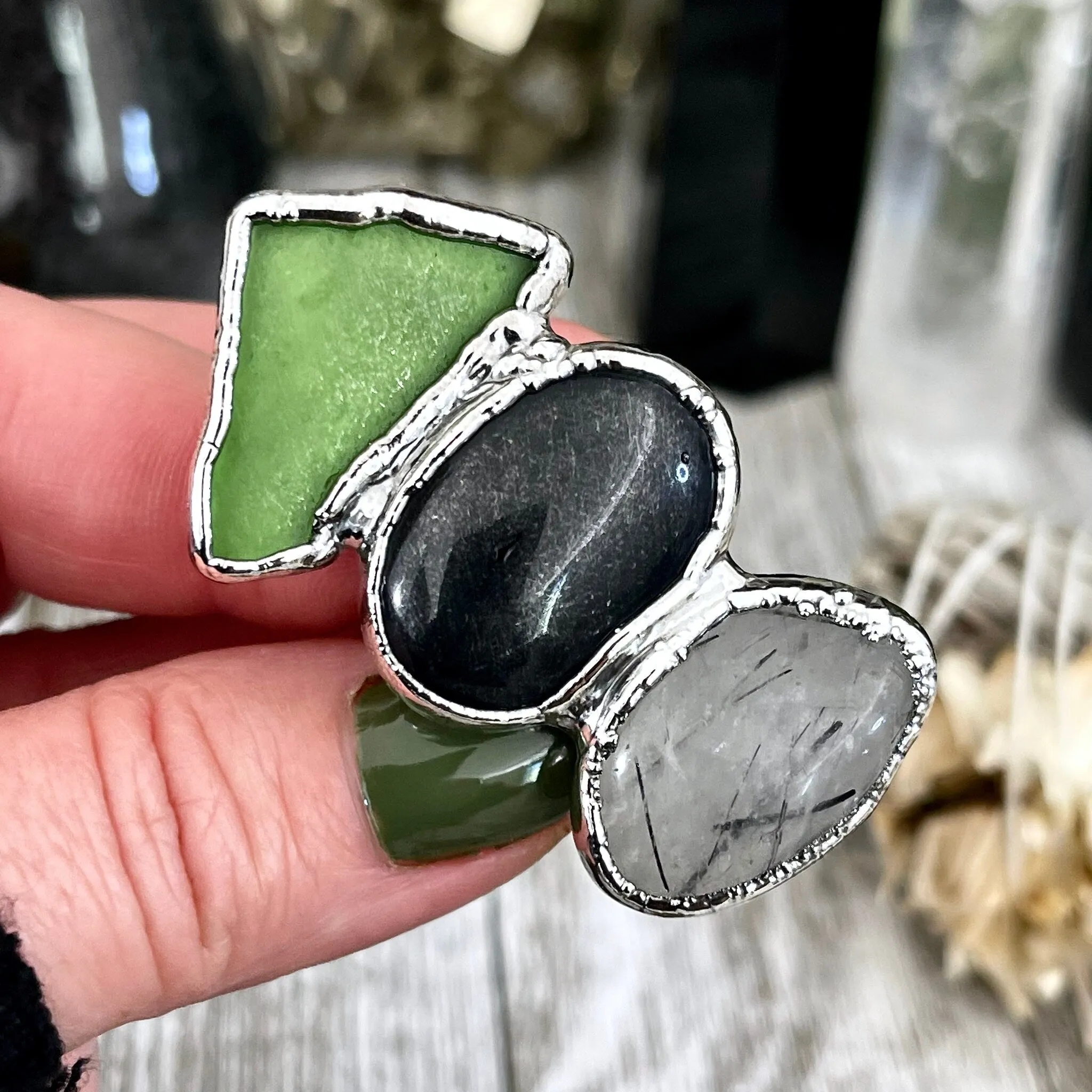 Size 8 Crystal Ring - Three Stone Black Onyx Sea Glass Tourmaline Quartz Ring Sliver / Foxlark Collection - One of a Kind