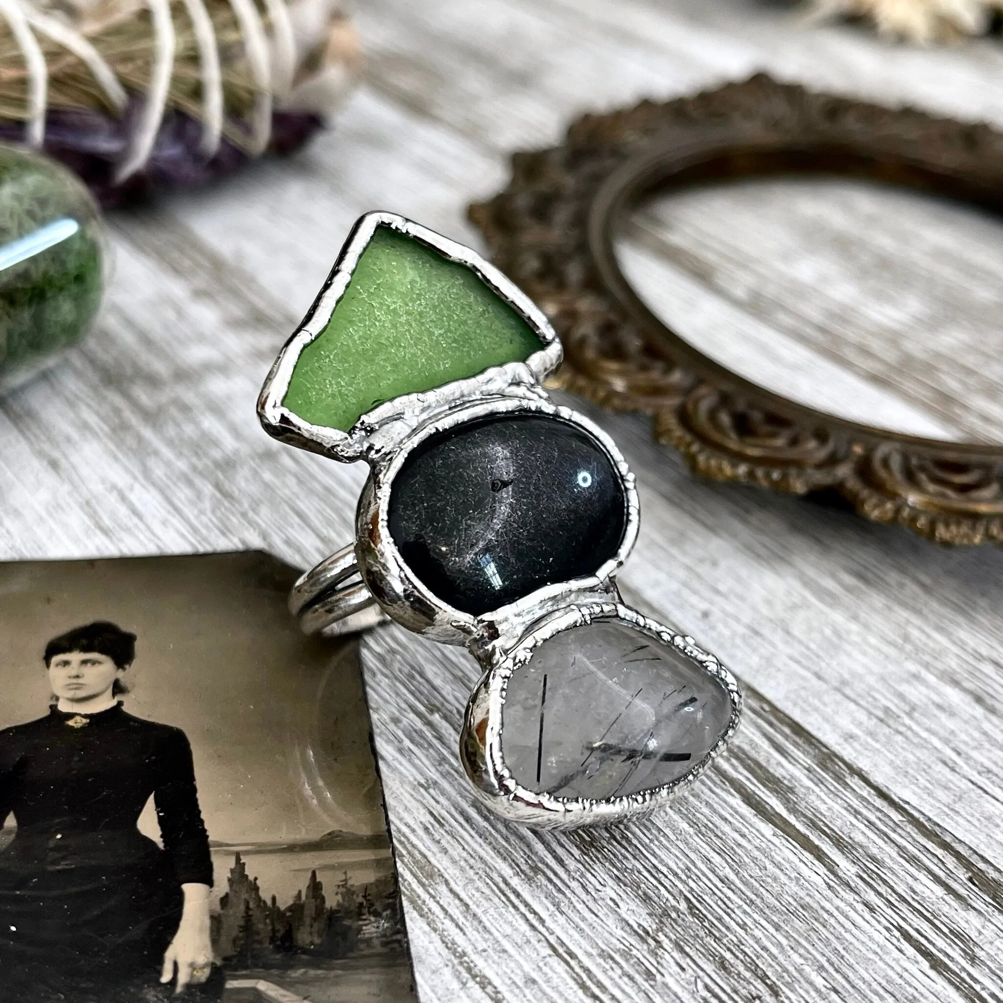 Size 8 Crystal Ring - Three Stone Black Onyx Sea Glass Tourmaline Quartz Ring Sliver / Foxlark Collection - One of a Kind