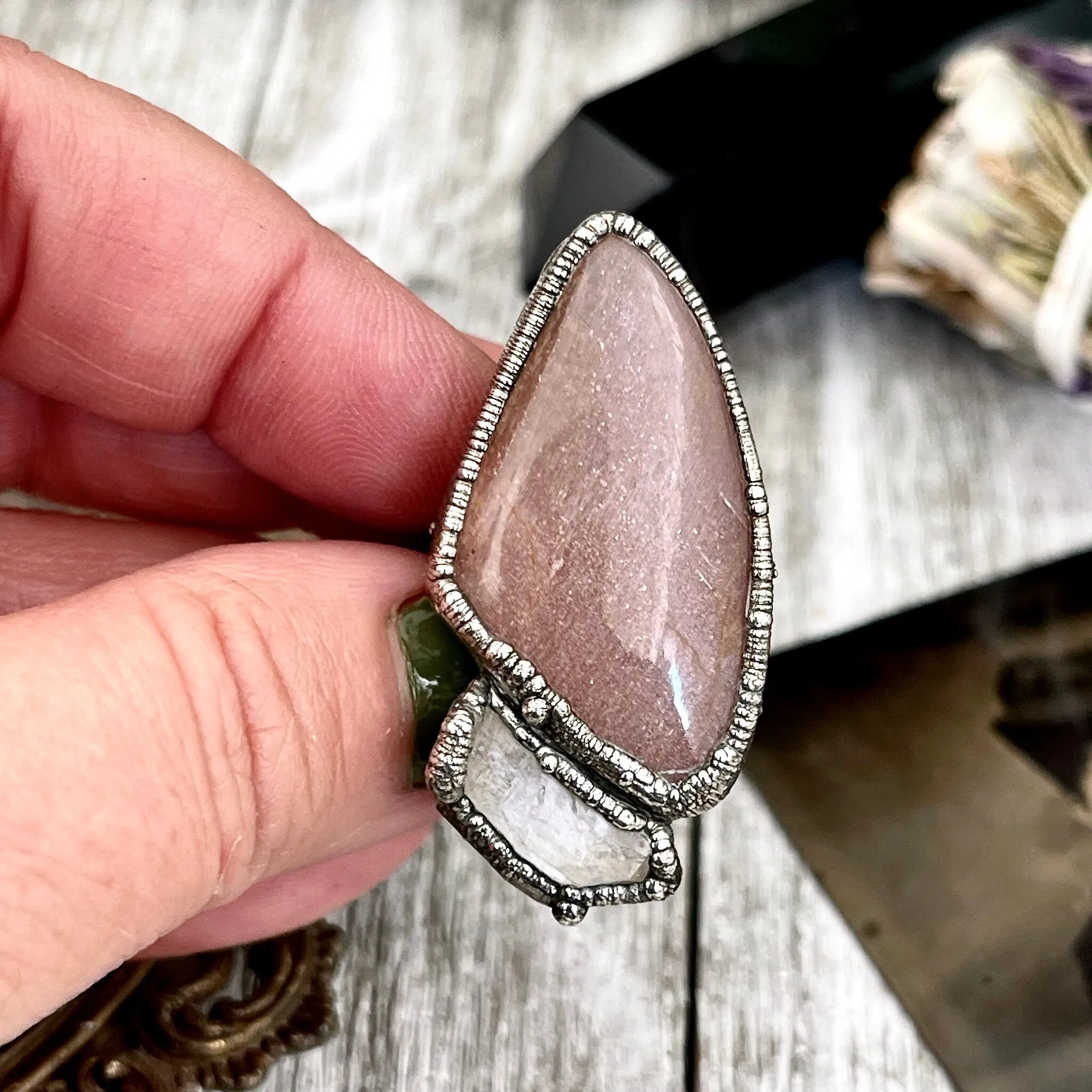 Size 8 Two Stone Ring- Peach Moonstone Clear Quartz Crystal Ring Fine Silver / Foxlark Collection - One of a Kind