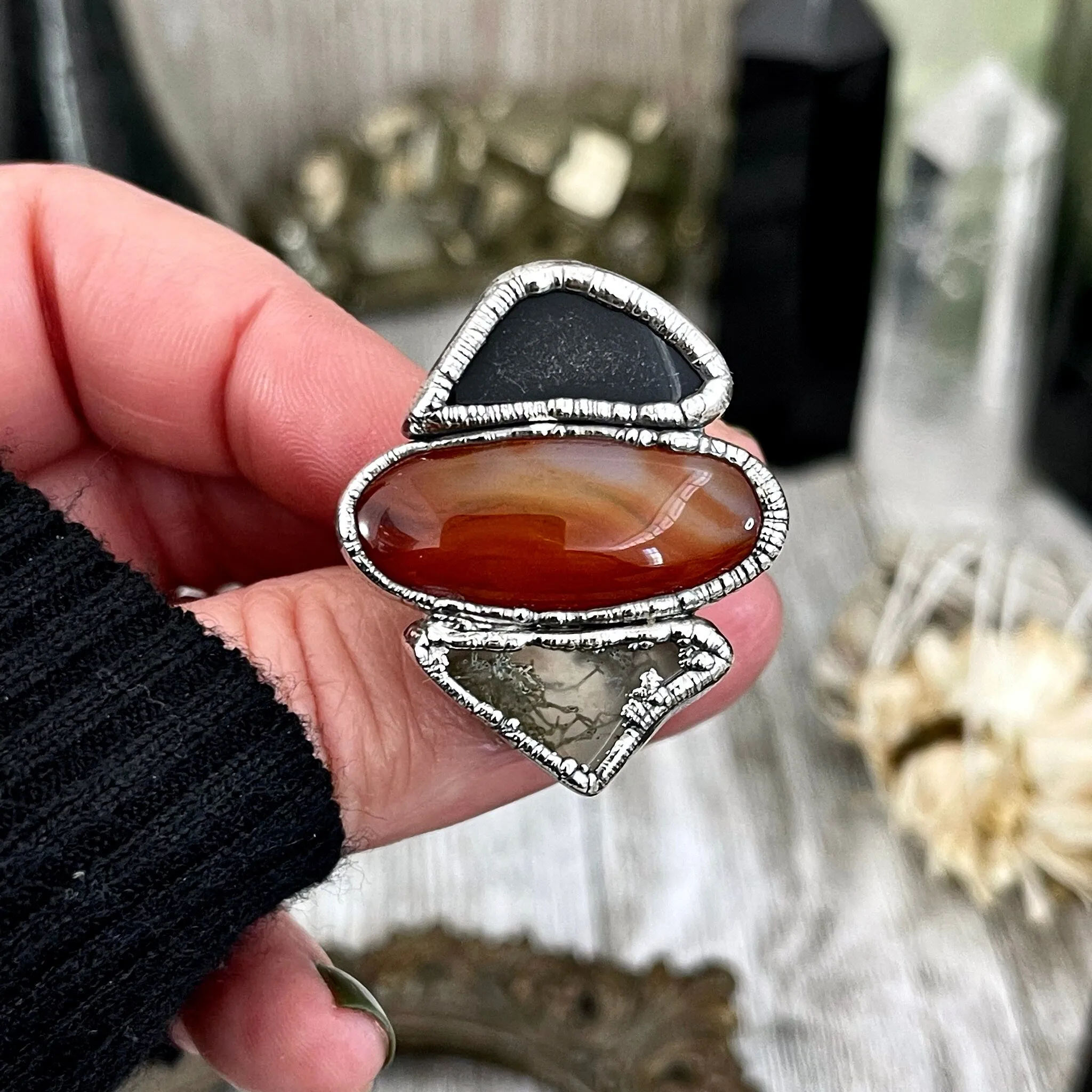 Size 8.5 Crystal Ring - Three Stone Ring Black Onyx Carnelian Moss Agate Silver Ring / Foxlark Collection - One of a Kind