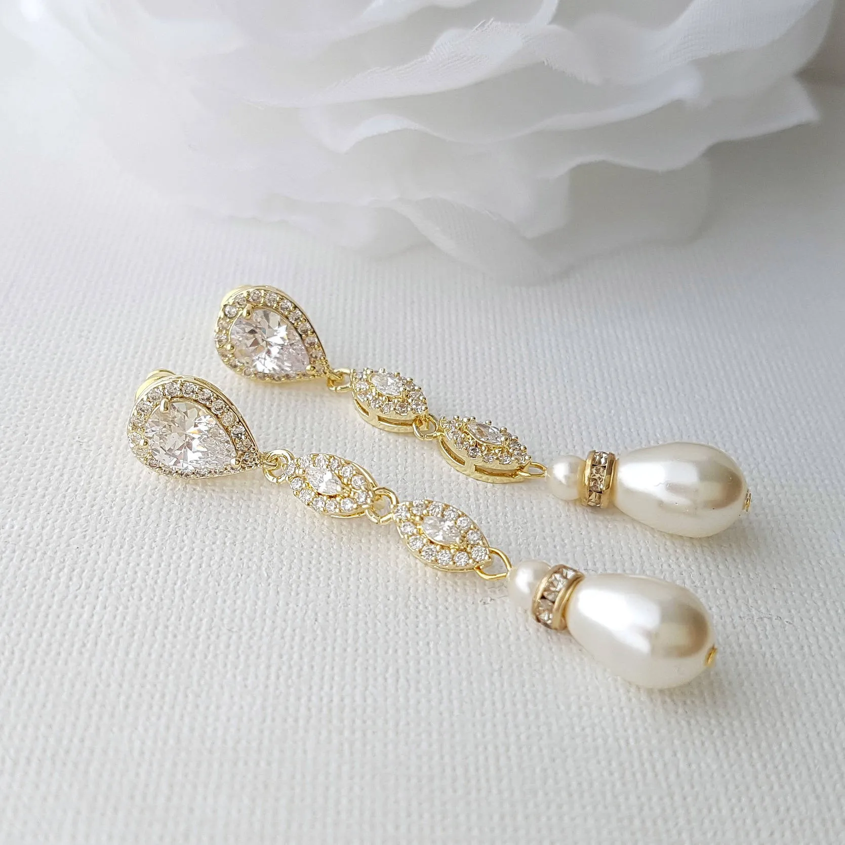 Slim Gold and Pearl Drop Earrings-Abby