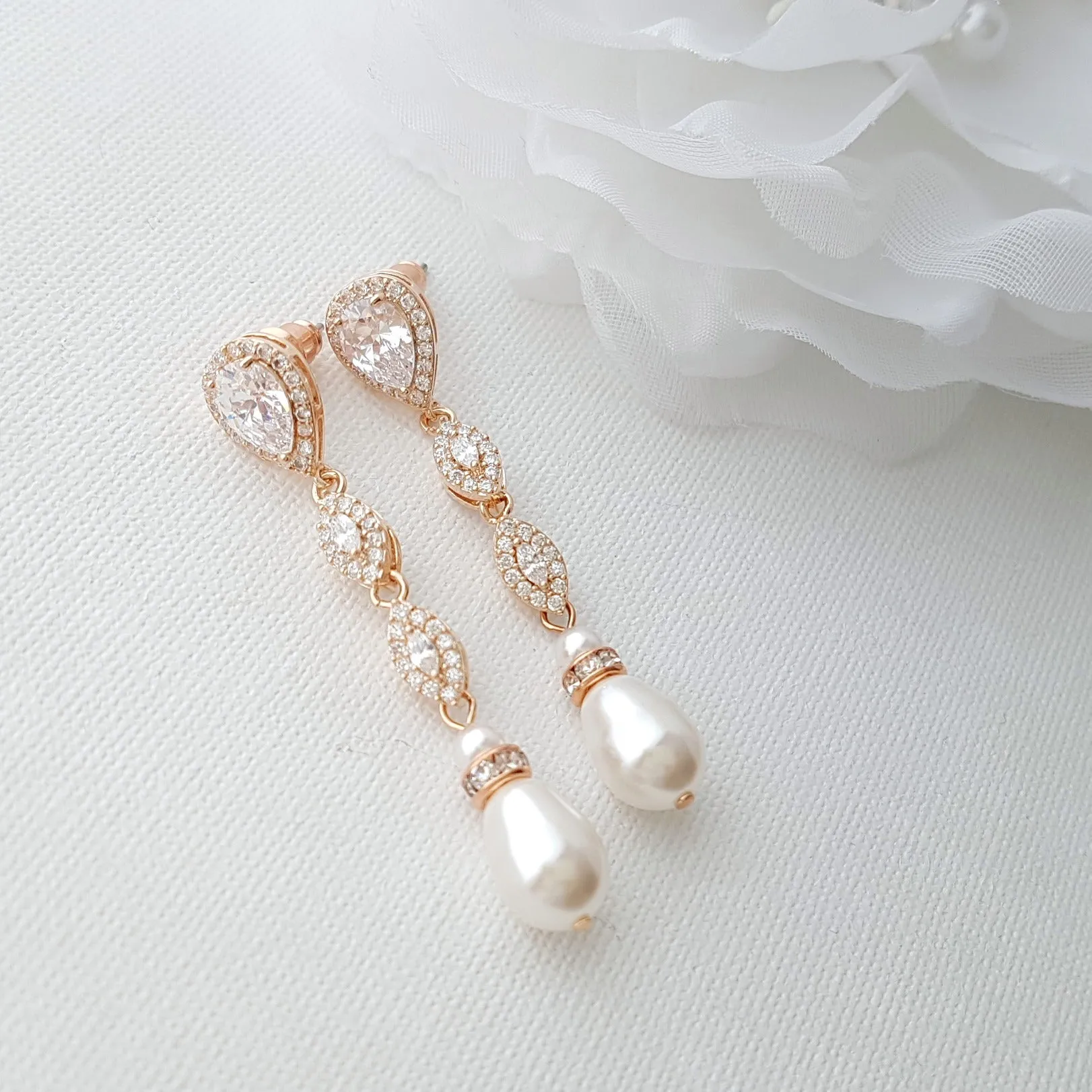 Slim Gold and Pearl Drop Earrings-Abby