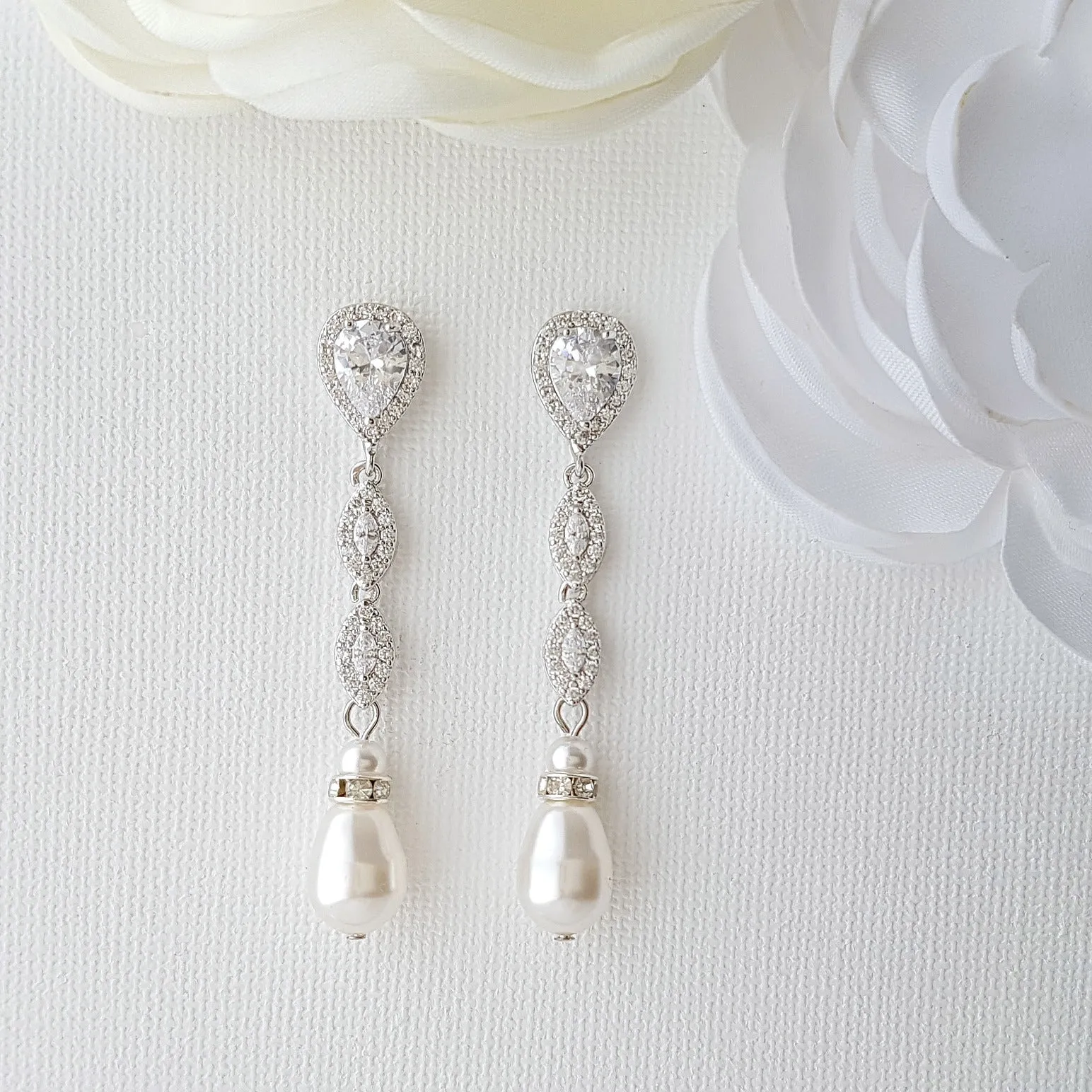 Slim Gold and Pearl Drop Earrings-Abby