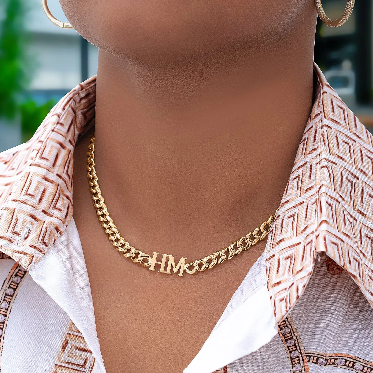 Solid Gold Two Intial Choker Necklace with Cuban Chain