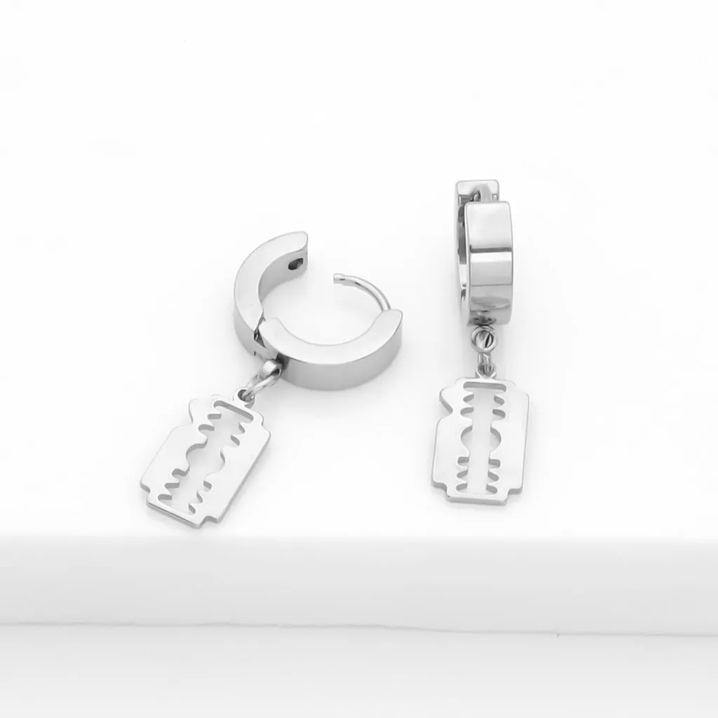 Stainless Steel Huggie Hoop Earrings with Razor Blade Charm - Silver