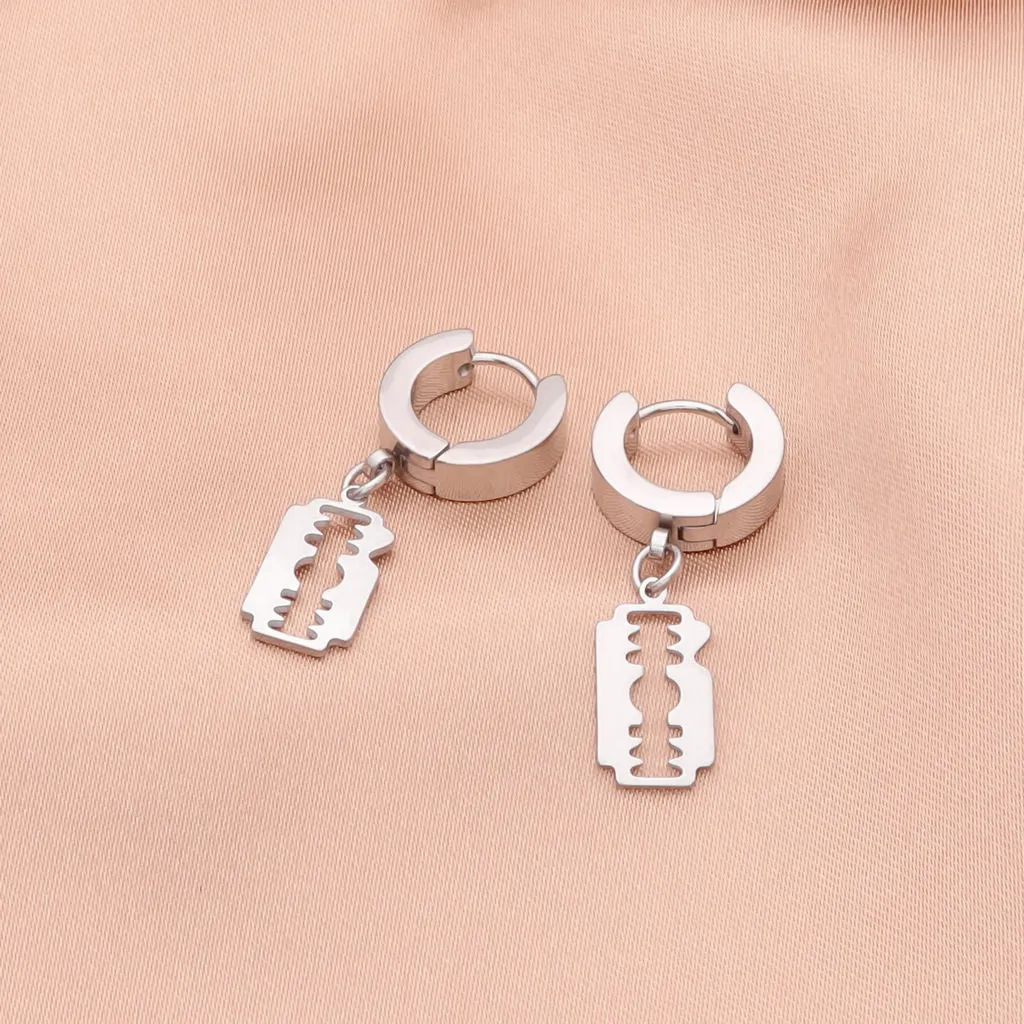 Stainless Steel Huggie Hoop Earrings with Razor Blade Charm - Silver