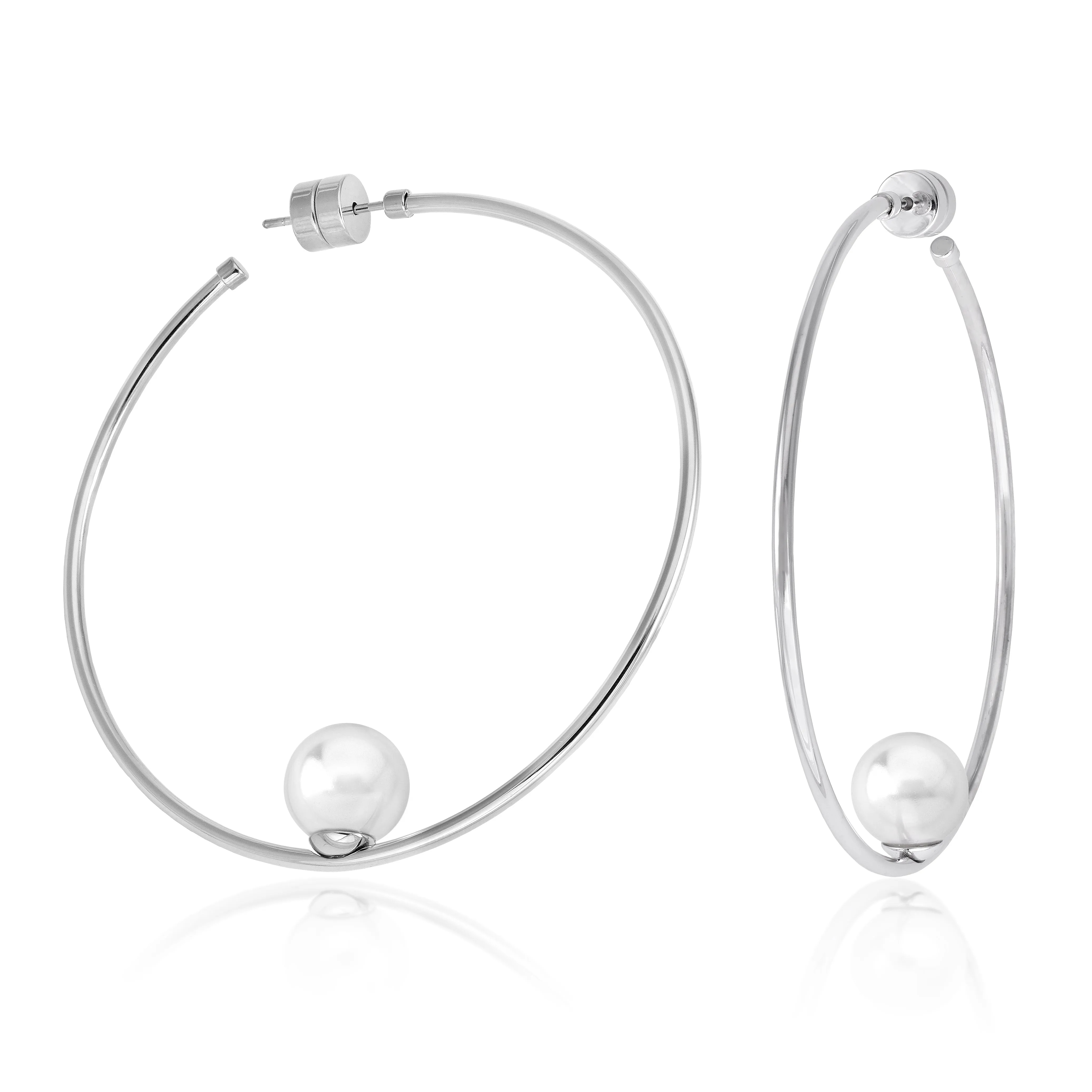 Steel Rhodium Plated Hoop Earrings for Women with Post and Organic Pearl, 10mm Round White Pearl, 2.3 Length, Marianela Collection