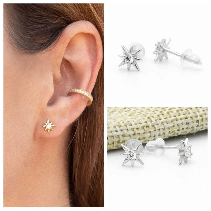 Sterling Silver CZ Star Stud Earrings - Silver