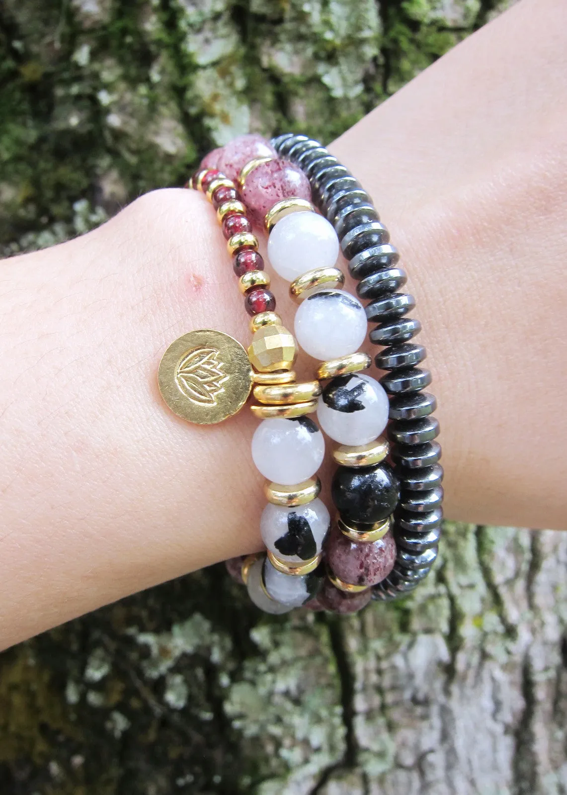 Strawberry Quartz, Black White Tourmaline Quartz Gemstone in 27 Bead Mala Bracelet with 24K Gold Vermeil Lotus Charm