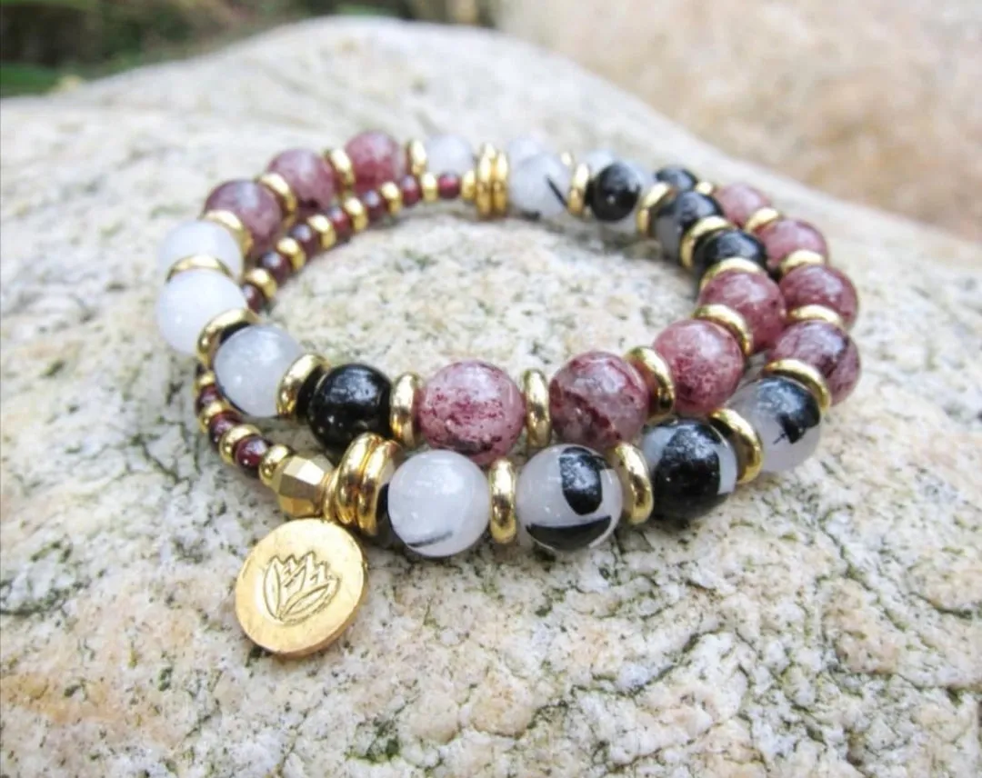 Strawberry Quartz, Black White Tourmaline Quartz Gemstone in 27 Bead Mala Bracelet with 24K Gold Vermeil Lotus Charm