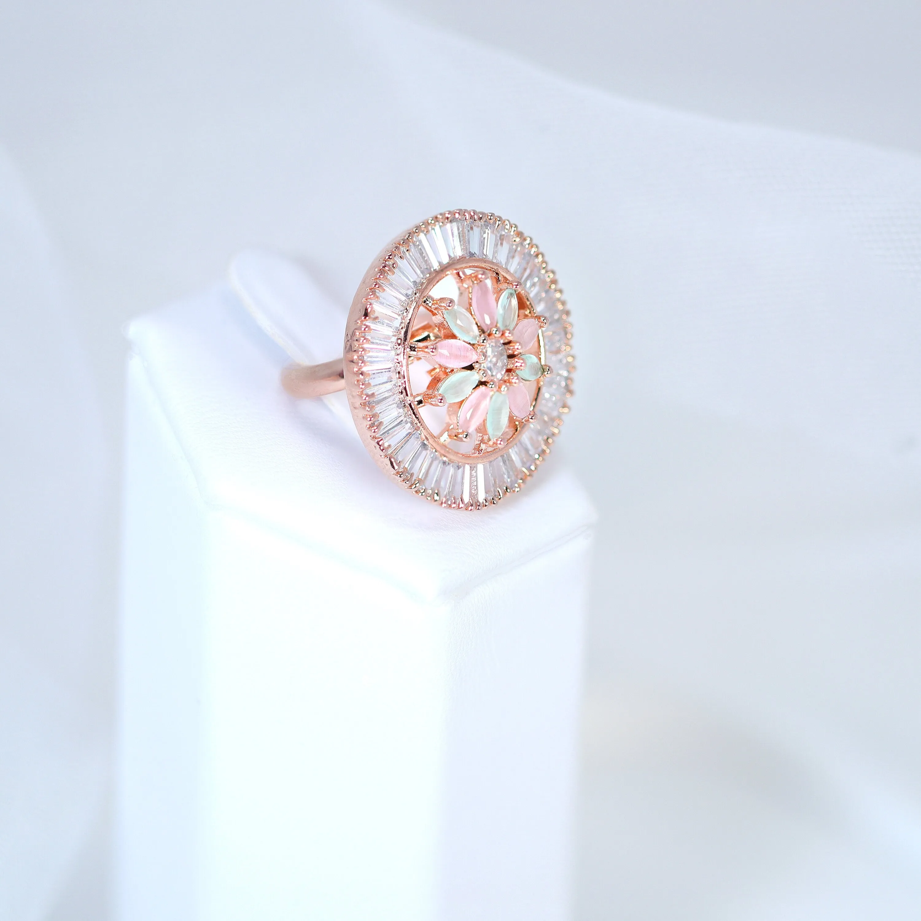 Swarovski Crystal Rose Gold Pink And Light Green Floral Large Statement Ring, Engagement Ring, Promise Ring For a Friend, Friendship ring.