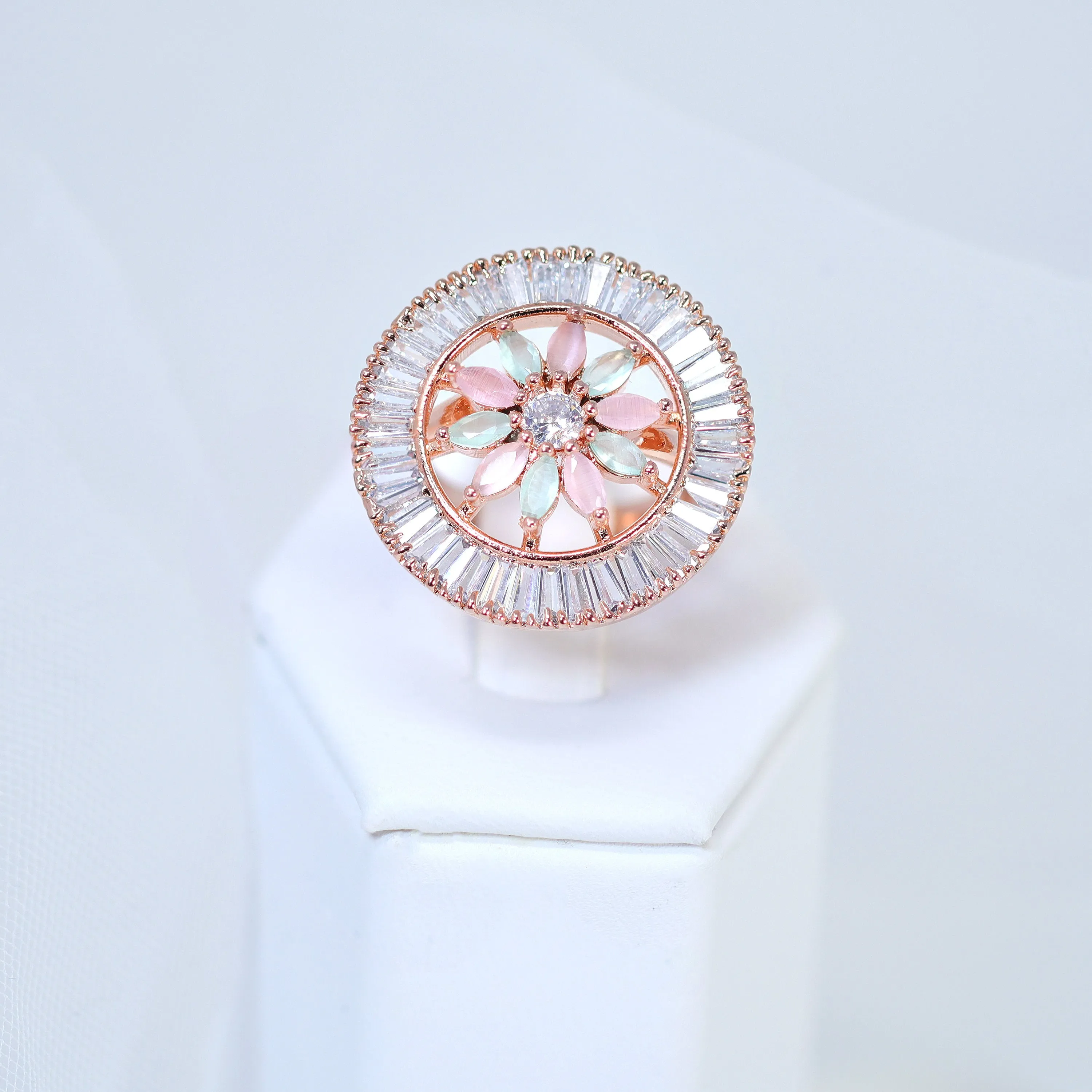 Swarovski Crystal Rose Gold Pink And Light Green Floral Large Statement Ring, Engagement Ring, Promise Ring For a Friend, Friendship ring.