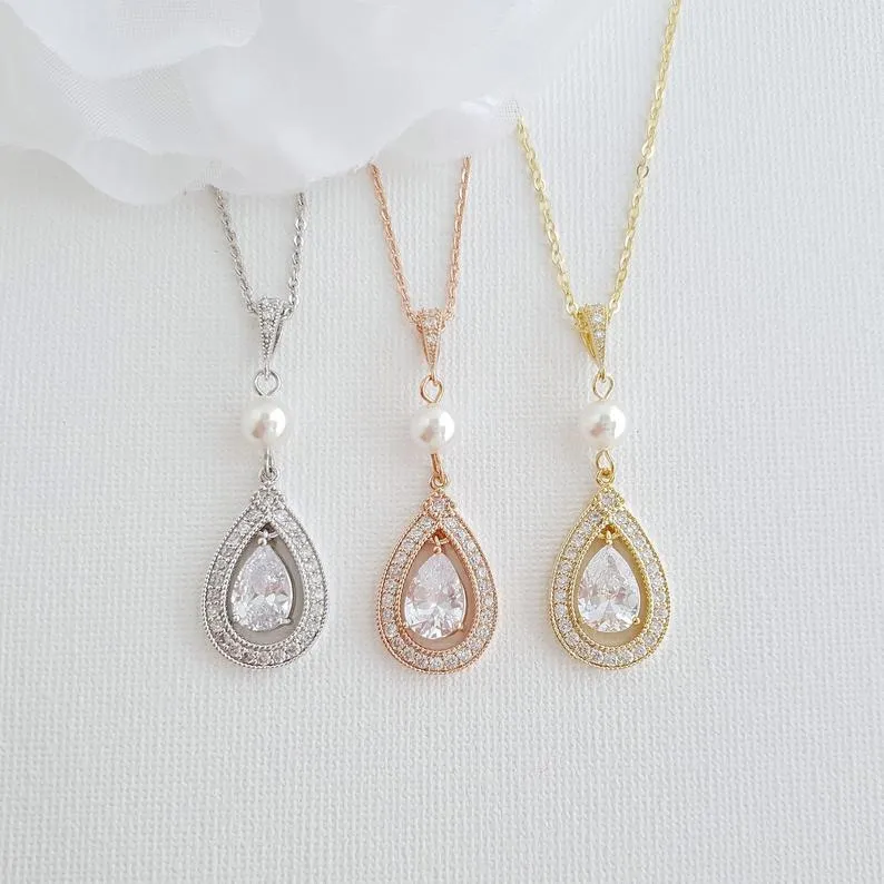 Teardrop Shape Rose Gold & Cubic Zirconia Wedding Necklace -Sarah