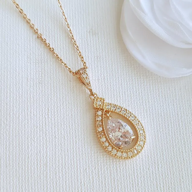 Teardrop Shape Rose Gold & Cubic Zirconia Wedding Necklace -Sarah