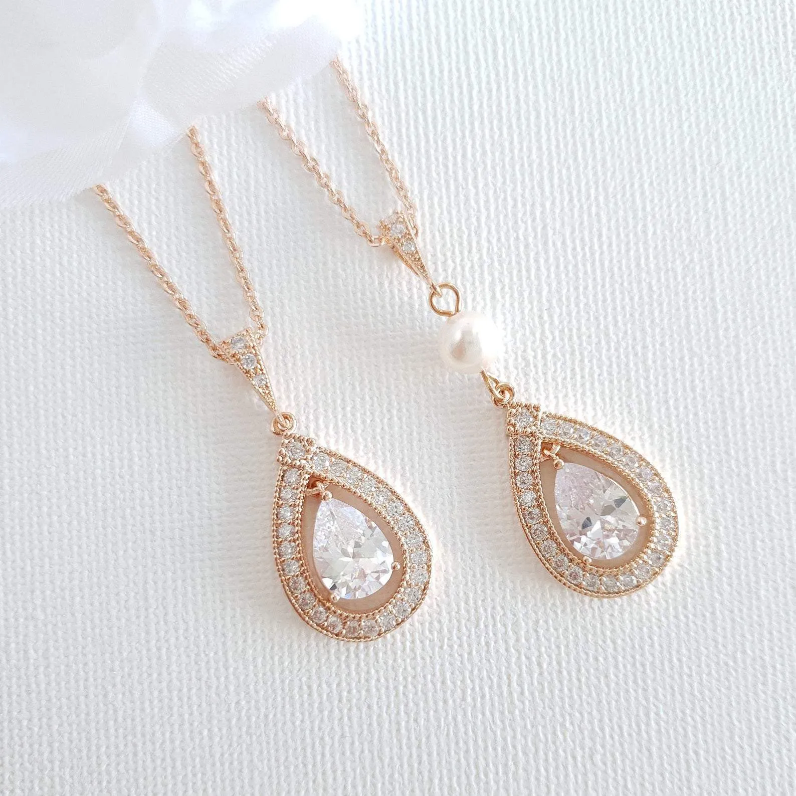 Teardrop Shape Rose Gold & Cubic Zirconia Wedding Necklace -Sarah