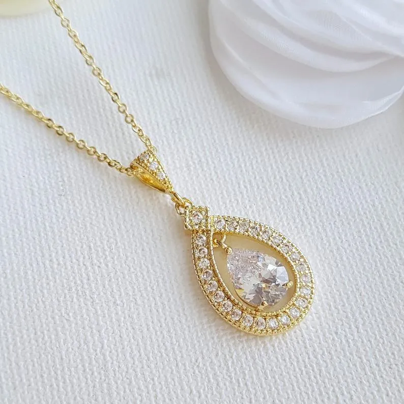 Teardrop Shape Rose Gold & Cubic Zirconia Wedding Necklace -Sarah