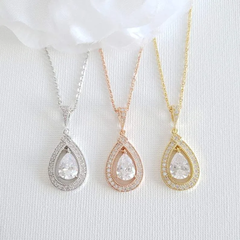 Teardrop Shape Rose Gold & Cubic Zirconia Wedding Necklace -Sarah