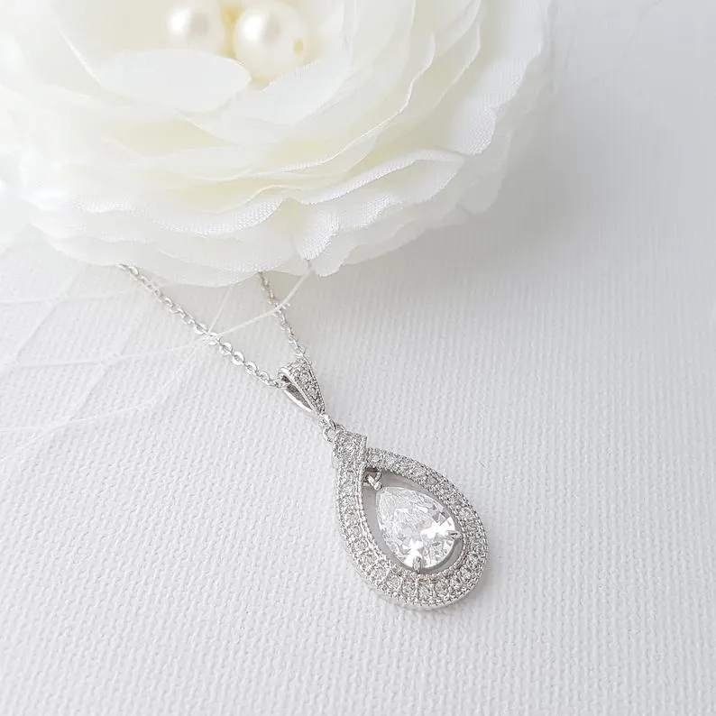 Teardrop Shape Rose Gold & Cubic Zirconia Wedding Necklace -Sarah