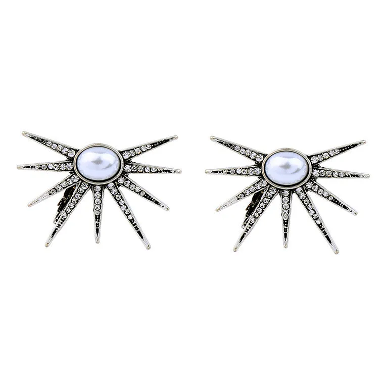 TESSLA - Silver Pearl Studded Sun Clip Earrings