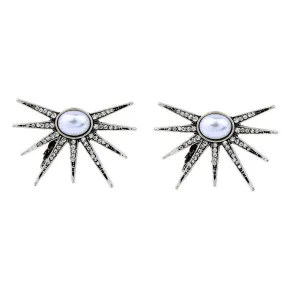 TESSLA - Silver Pearl Studded Sun Clip Earrings