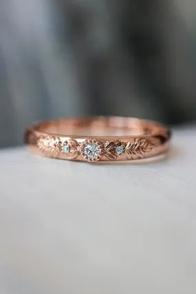 Three diamonds wedding band for woman, wreath ring