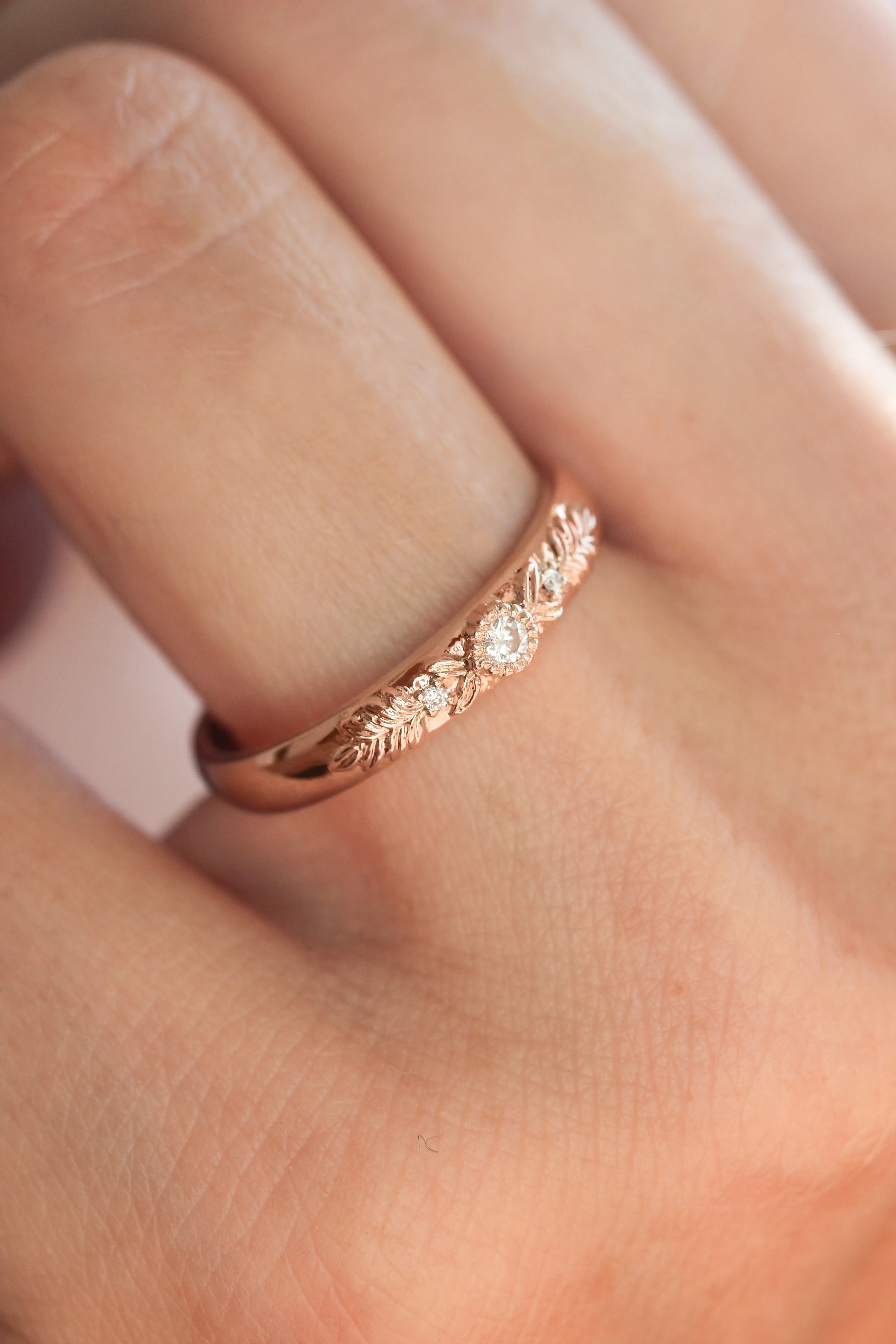 Three diamonds wedding band for woman, wreath ring