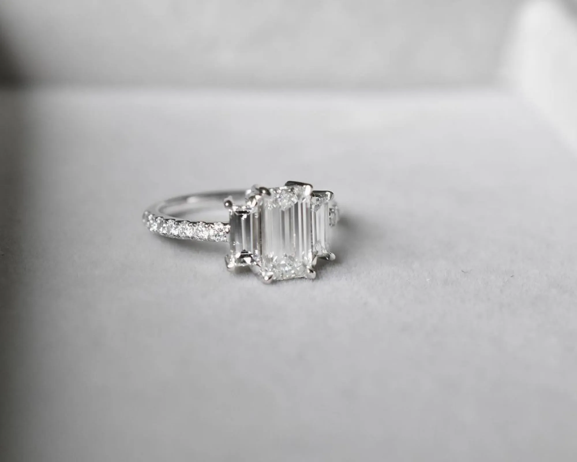 Three Stone Emerald Cut Lab Grown Engagement Ring