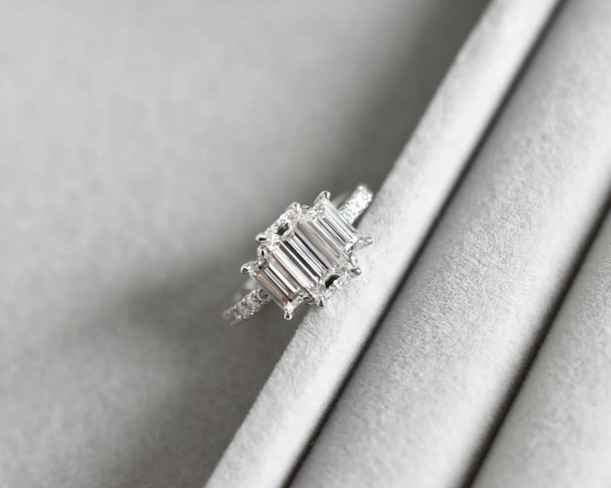 Three Stone Emerald Cut Lab Grown Engagement Ring