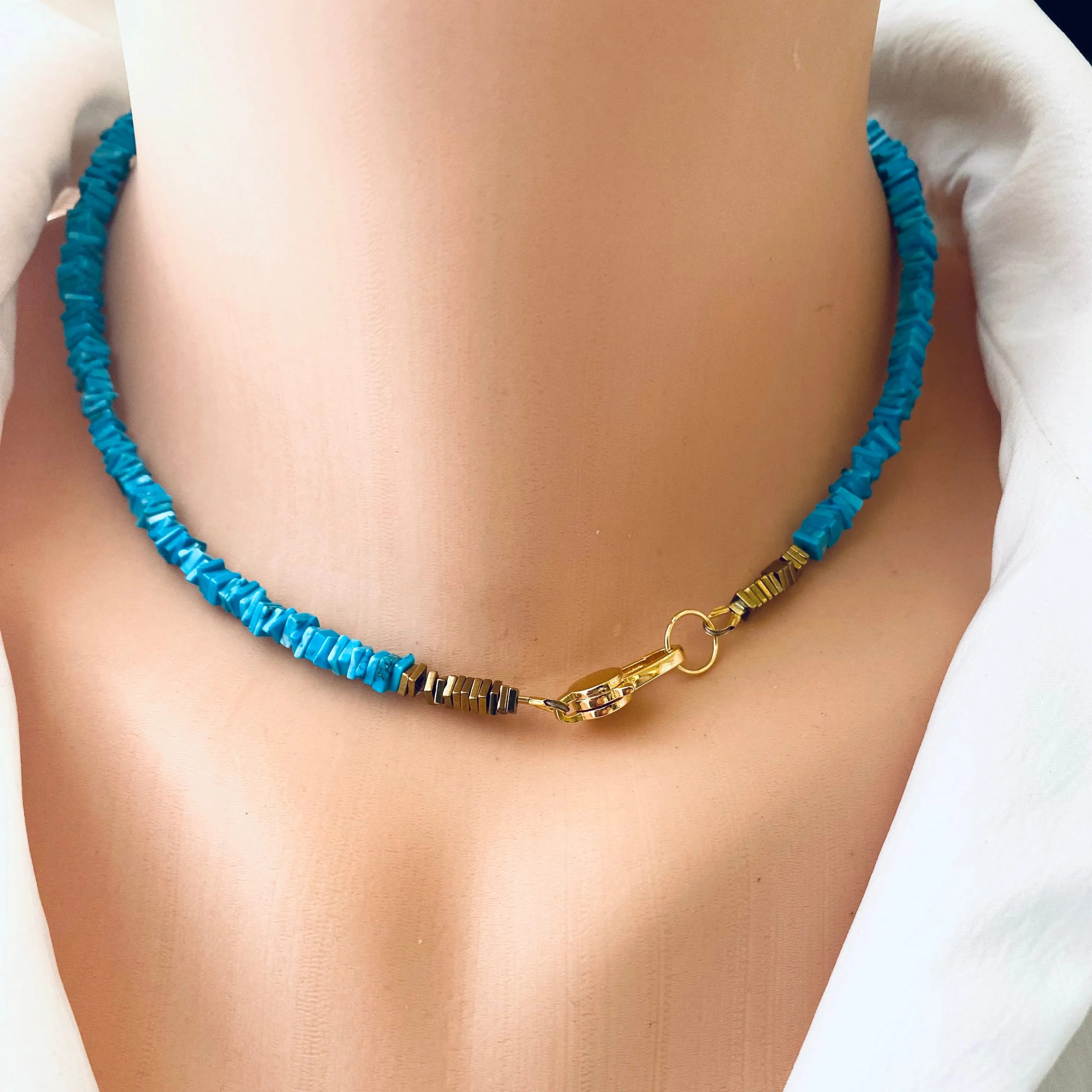 Turquoise Choker Necklace, Gold Vermeil Details and Clasp, 15.5or 16inches, December Birthstone