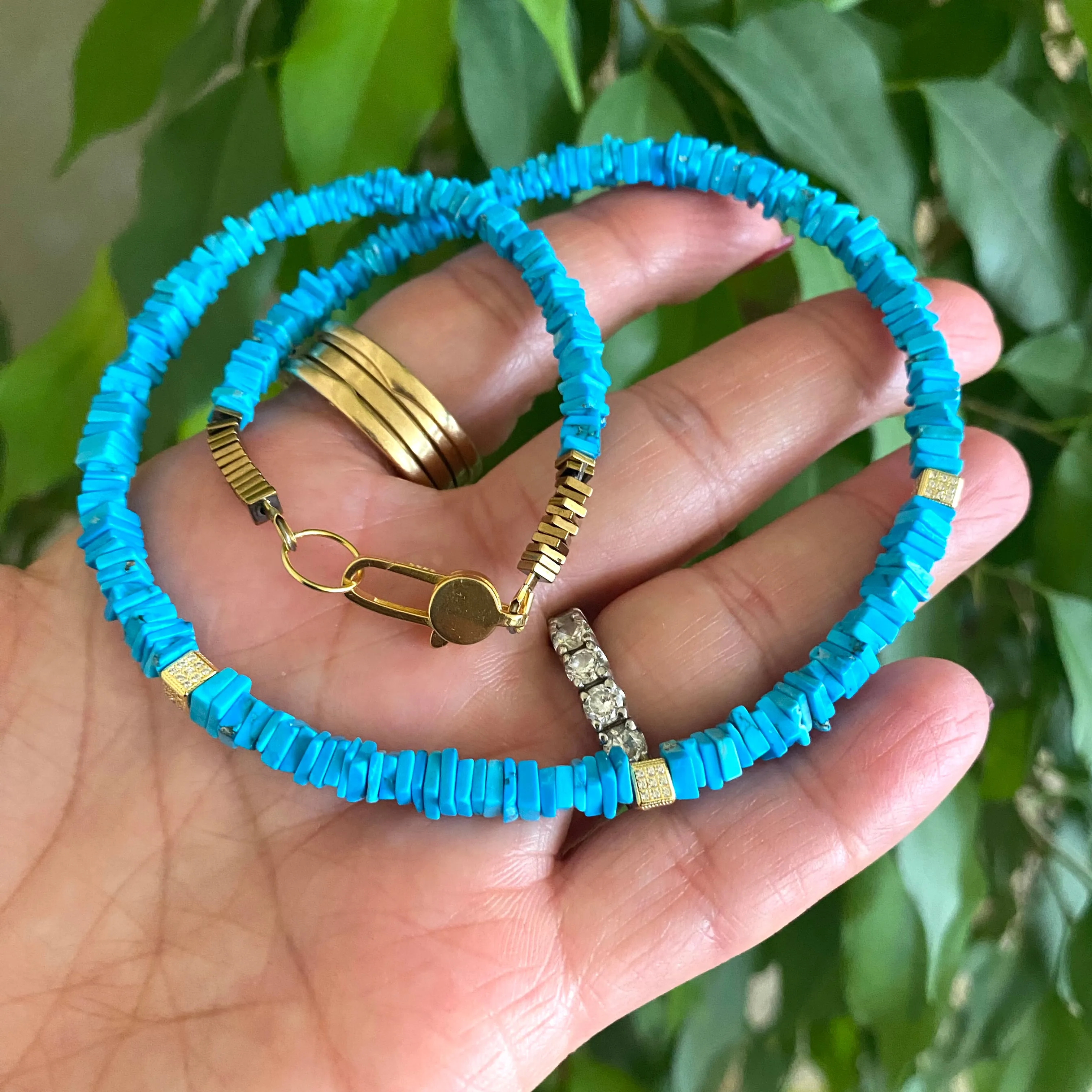 Turquoise Choker Necklace, Gold Vermeil Details and Clasp, 15.5or 16inches, December Birthstone