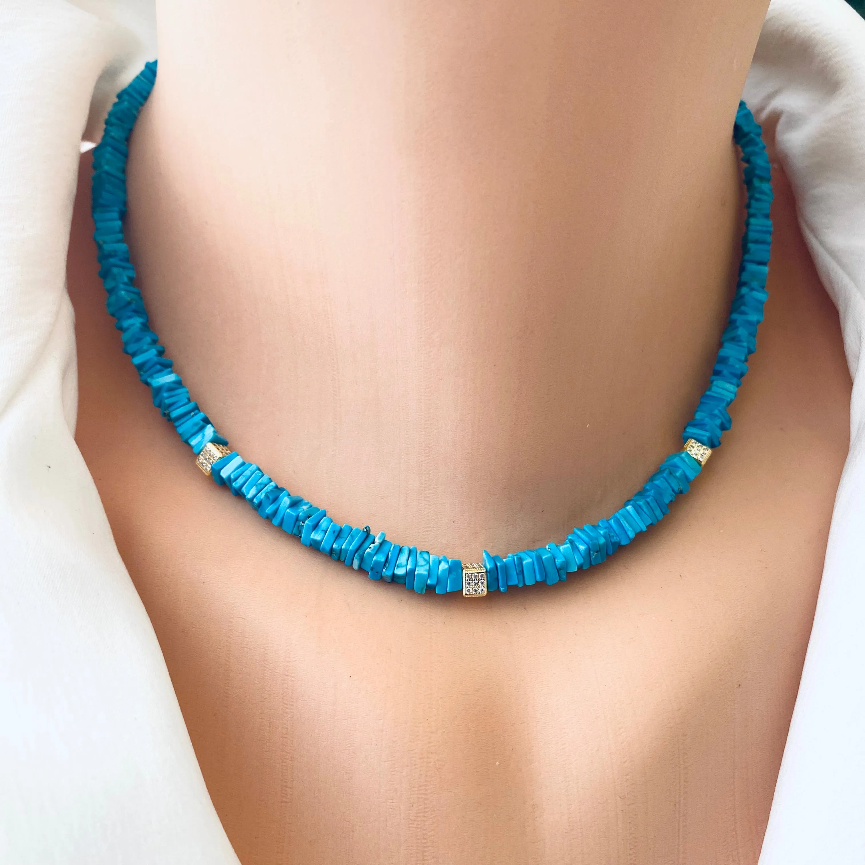 Turquoise Choker Necklace, Gold Vermeil Details and Clasp, 15.5or 16inches, December Birthstone