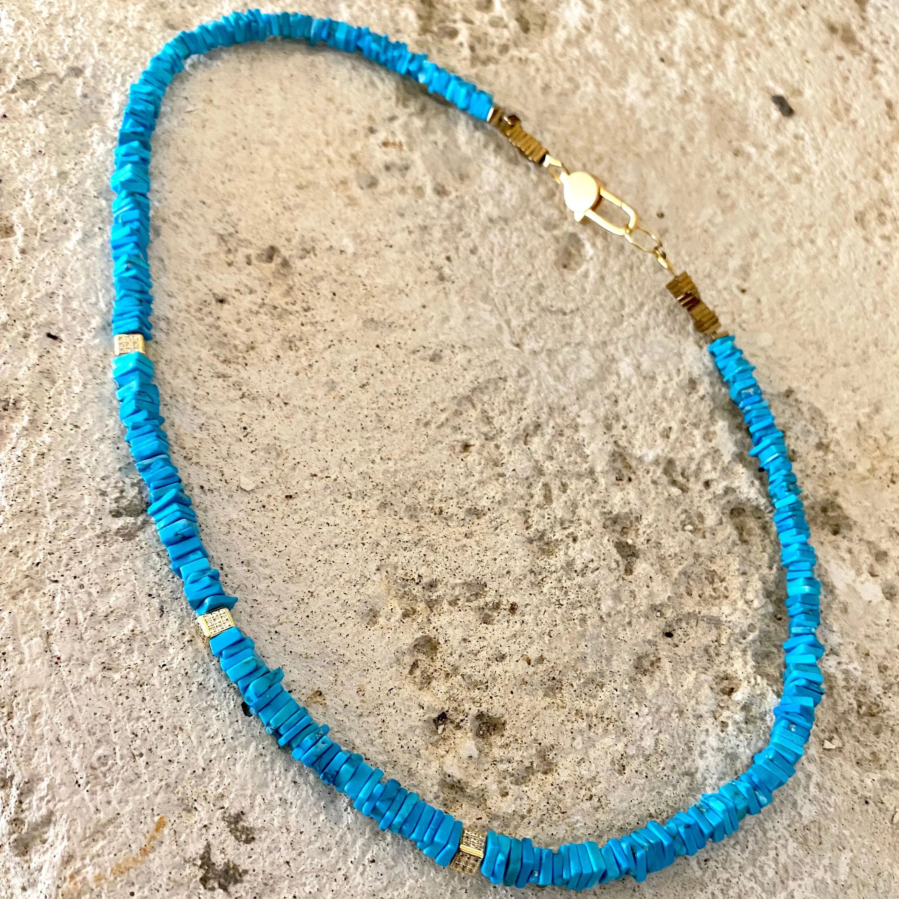 Turquoise Choker Necklace, Gold Vermeil Details and Clasp, 15.5or 16inches, December Birthstone