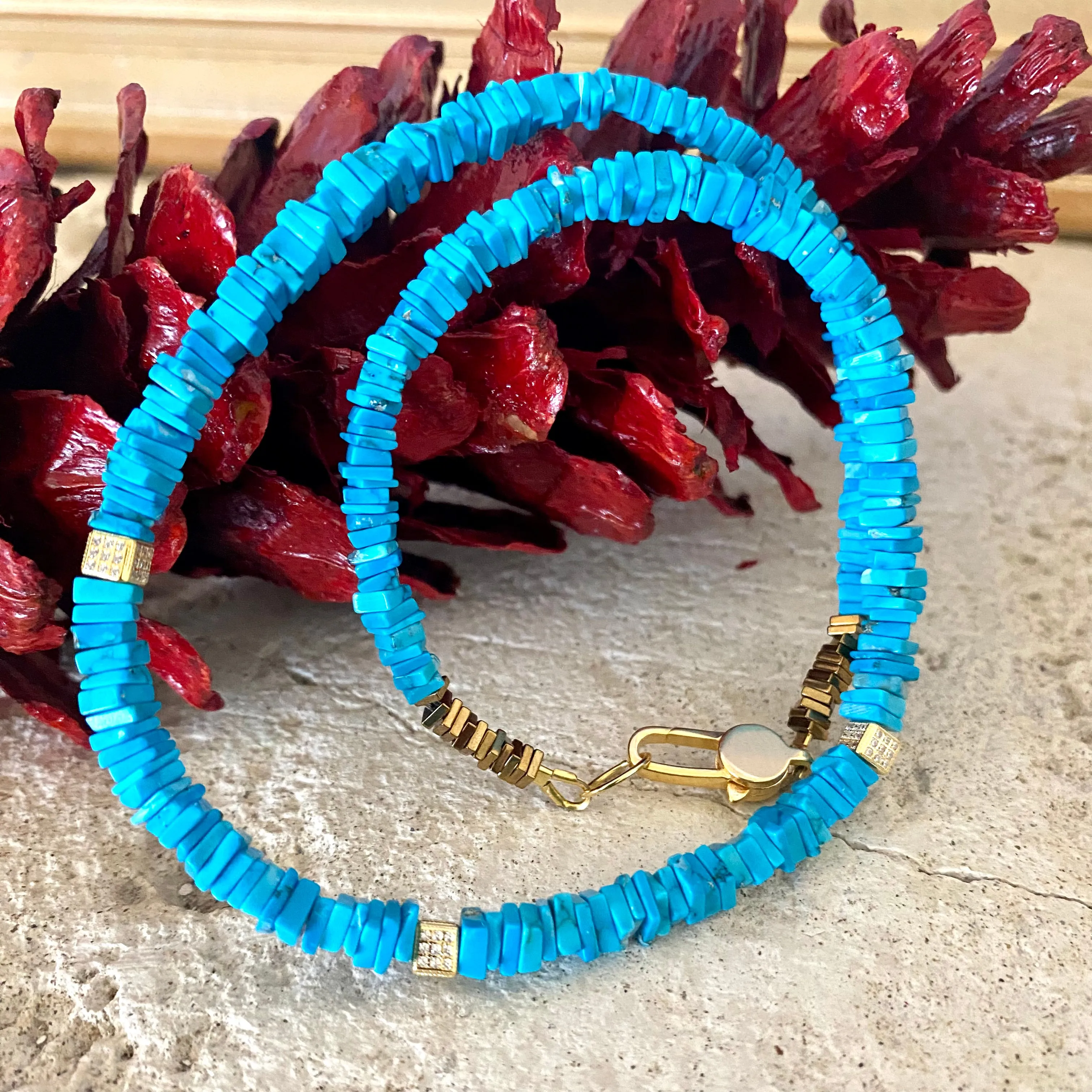 Turquoise Choker Necklace, Gold Vermeil Details and Clasp, 15.5or 16inches, December Birthstone