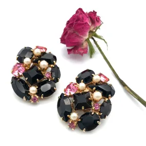 【USA輸入】ヴィンテージ ブラック ピンク ラインストーン イヤリング/Vintage Black Pink Rhinestones Clip On Earrings