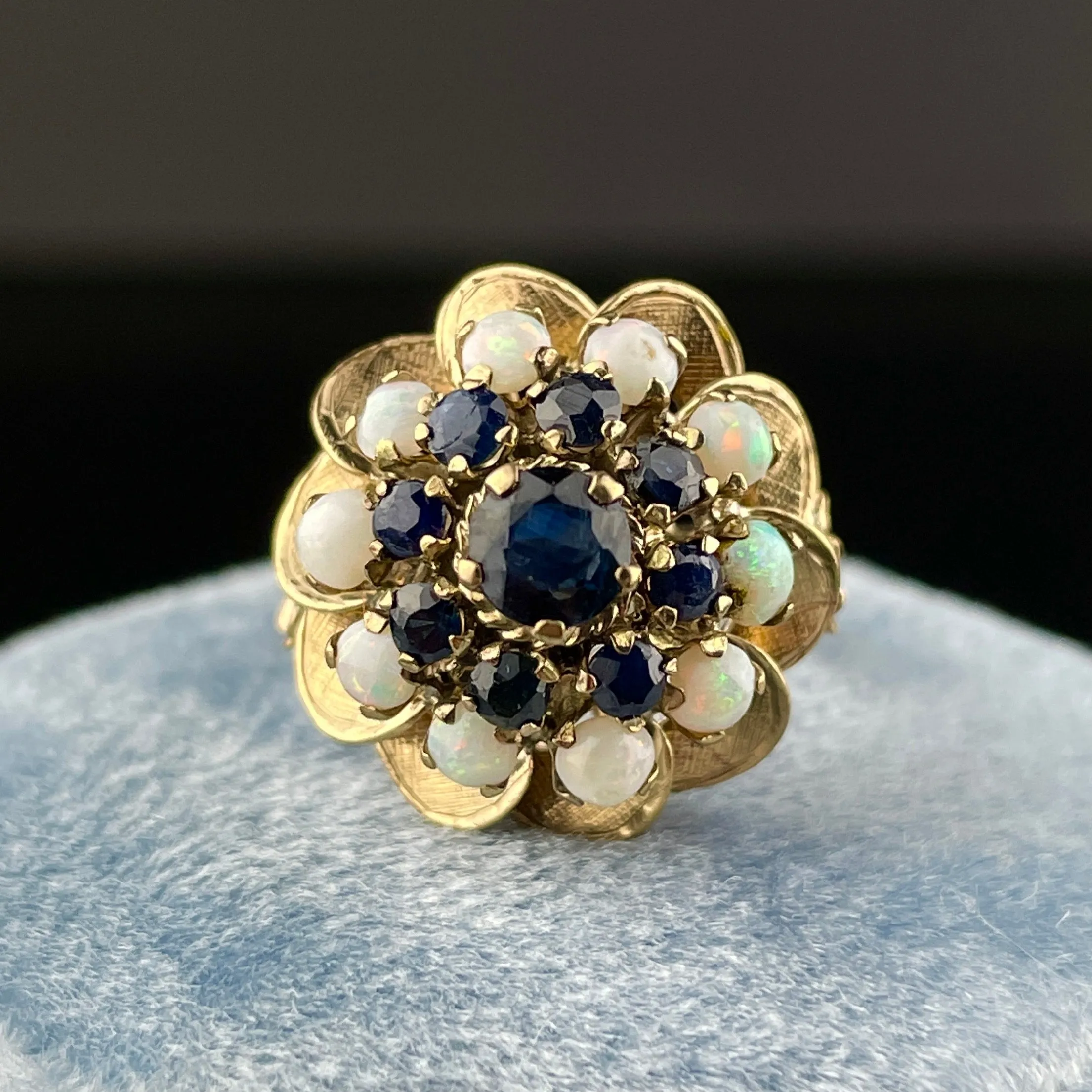 Vintage 14K Gold Sapphire Opal Cluster Thai Princess Cocktail Ring, Sz 4 1/4