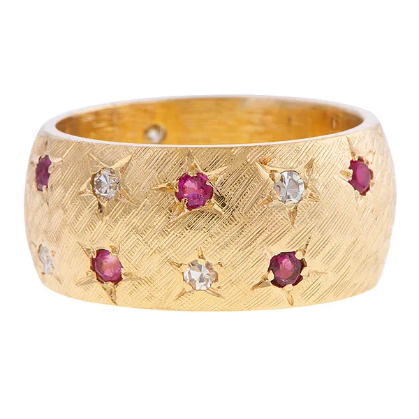 Vintage Ruby & Diamond Engraved Star Wide Band Ring. Size 6.75