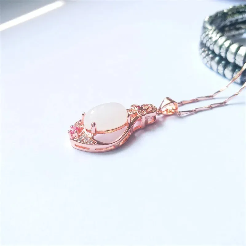 Water Drop Shaped Jade Pendant Rose Gold Color Necklace