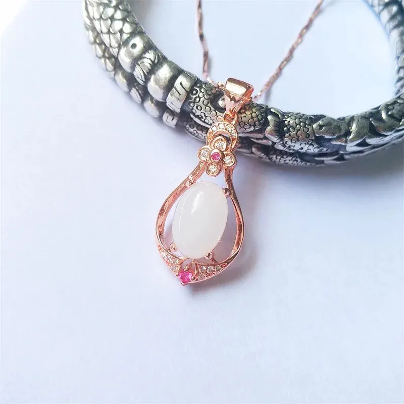 Water Drop Shaped Jade Pendant Rose Gold Color Necklace