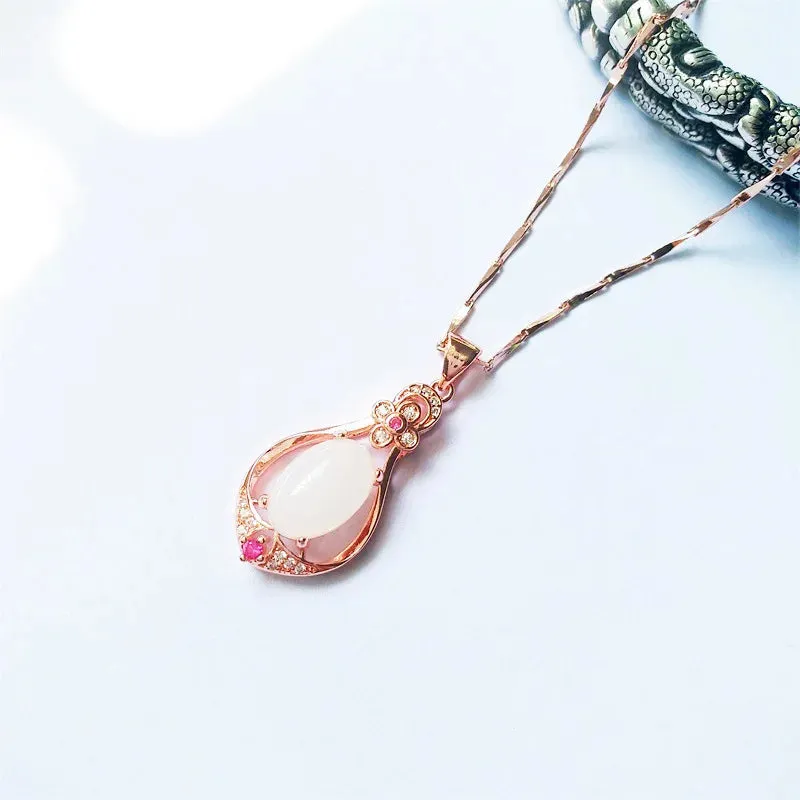 Water Drop Shaped Jade Pendant Rose Gold Color Necklace