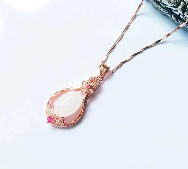 Water Drop Shaped Jade Pendant Rose Gold Color Necklace