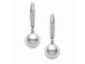 White Gold Pearl Drop Earrings with Diamond