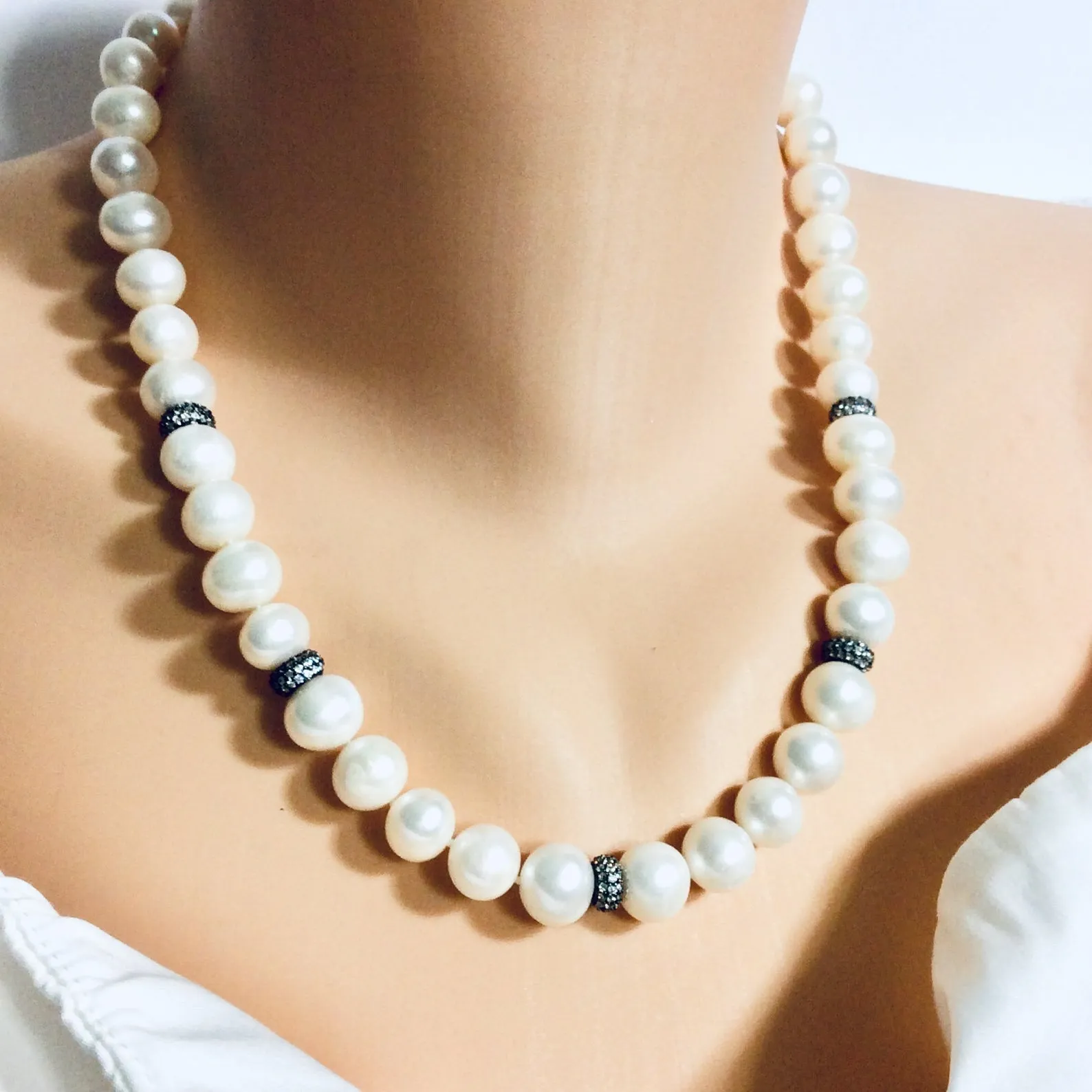 White Pearls Necklace w Zircons Pave Rondelle, Gunmetal Over Sterling Silver, 20in