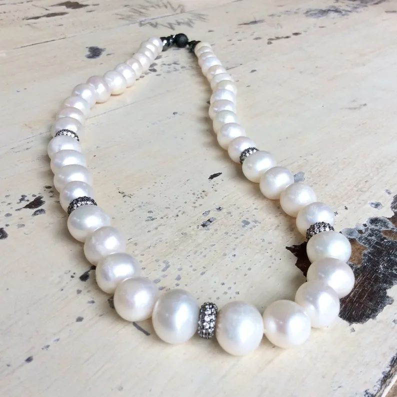 White Pearls Necklace w Zircons Pave Rondelle, Gunmetal Over Sterling Silver, 20in