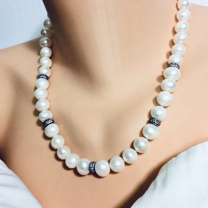 White Pearls Necklace w Zircons Pave Rondelle, Gunmetal Over Sterling Silver, 20in